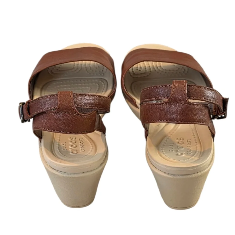 Crocs Leigh Ann Brown Leather Ankle Strap Wedge Sandal Size 6W - Picture 5 of 8
